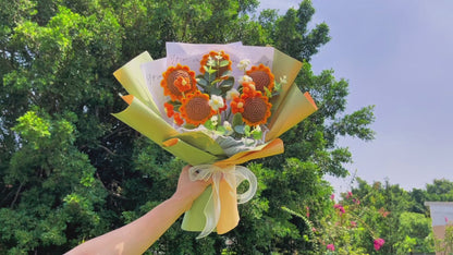 [Shipped from US] Handmade Crocheted Bouquet of Sunflowers and Puffy Flowers - Thoughtful Gifts Home Centerpiece Decor
