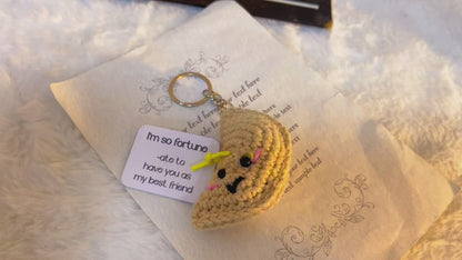 Lucky Fortune Cookie Keychain with Customizable Card - Handmade Crochet Uplifting Emotional Supportive Gift for Best Friend, Birthday, Coworker, Christmas Stuffers, and Special Occasions