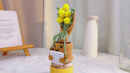 Handmade Crochet Acacia Bouquet in Pot with Customizable Card | Artificial Yarn Flower Desk Decor | Gift for Birthday, Graduation, Mother's Day, Housewarming, Farewell, Encouragement