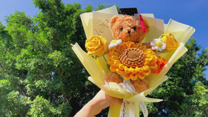 Handmade Crochet Flower Bouquet with Graduation Teddy Bear - Hypoallergenic, Allergy-Free Artificial Flowers, Perfect Gift for Graduation, Birthdays, Anniversaries (Yellow Roses, Daisies, Forget-Me-Nots)