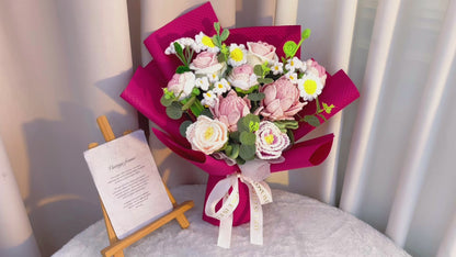 Large Handmade Crochet Flower Bouquet - Arrangement with Protea, Peony, Roses, Daisies - Allergy-Free Artificial Floral Gift for Wedding, Anniversary, Home Decor, Birthday, Valentine's Day