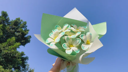 Handmade Crochet 6 Mint Blue Frangipani Flower Bouquet – Boho Farmhouse Decor, Allergy-Friendly Artificial Floral Arrangement, Home Decor, Wedding, Anniversary, Mother’s Day, Birthday, or Get Well Gift