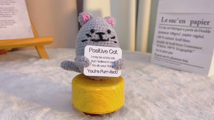 Handgemachte gehäkelte Katzenfigur - Graue süße Katze mit personalisierbarer positiver Botschaftskarte, perfektes Geschenk für Katzenliebhaber, Geburtstage, Ermutigung und Heimdekoration