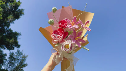 Handmade Crochet Sweet Blush Flower Bouquet – Wrapped Bundle with Pink-Gradient Hibiscus , Pink Rain Lily, Rose Pink Peony – Baby Girl Shower, Recital, Performance, Concert, Congrats, Get Well Soon, Sweet 16, Just Because
