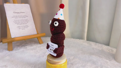 Handmade Crochet Birthday Poop with Customizable Card and Wooden Base, Colorful Polka Dot Hat, White Elephant, Novelty, Happy Birthday Funny Gag Gift for Friends