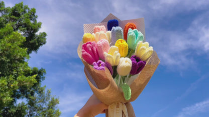 Rainbow Tulips Crochet Flower Bouquet – Handmade Tulip Arrangement – Allergy-Friendly Forever Flowers – Gift for Birthday, Valentine's Day, Mother's Day, Anniversary, Wedding, Graduation, Christmas