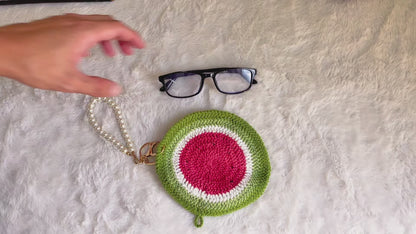 Handmade Crochet Sunglasses Pouch Bag, Fruit-Shaped Eyeglass Case Cover (Watermelon/Kiwi), Cute Keychain Purse for Women, Travel Pouch for Glasses/Phone/Makeup, Bag Charm Hanging Decor, Stocking Stuffer Gift for Her