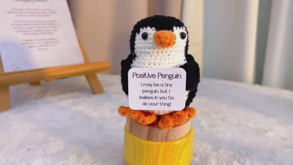 Customizable Positive Penguin Crochet Plushie with Wooden Base, Handmade Penguin Figure with Inspirational Message Card, Cute Desk Decor for Office, Encouragement Gift for Friends, Christmas, Birthday