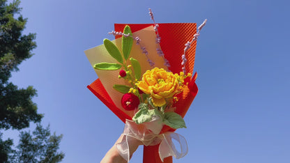Handmade Crochet Pomegranate Golden Peony Flower Lavender Bouquet – Perfect for Anniversary, Birthday, Mother's Day, Valentine's Day, Get Well Soon, Wedding, Thanksgiving