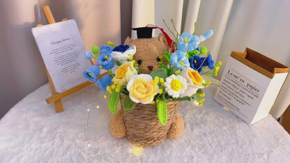 Teddy Bear Flower Bucket Bouquet – Handmade Crochet Floral Arrangement with Lily of The Valley Roses Daisies Morning Glory – Hypoallergenic Gift for Graduation, Valentine’s Day, Mother’s Day, Wedding, Birthday