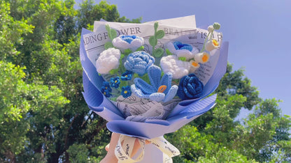 Handmade Crocheted Blue Flower Bouquet with Roses, Lilies, Eucalyptus, Tulips, and Forget-Me-Nots