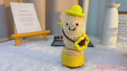 Crochet Uplifting Peanut Buddy Plushie with Cute Yellow Hat and Sunflower Bag - Customizable Positive Emotional Support Card Home Décor for Friends, Birthdays, Coworker, and Celebrations