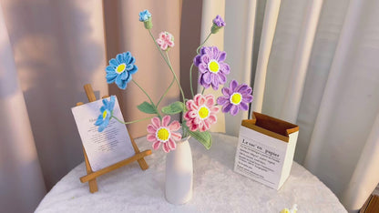 Hand Crochet Zinnia Flower Stems - Realistic Pink Purple Light Blue Artificial Flowers with Bud & Leaf, Hypoallergenic Floral Stems for Bouquets, Wedding Decor, Birthday Gift, DIY Arrangements