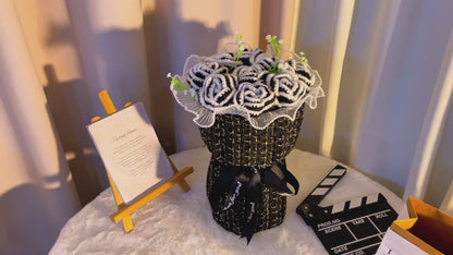 Crocheted Rose Bouquet Bucket with 9 Roses Wrapped with Fabric Bucket - Customizable Size, Rose Colors, and Fabric Color - Ideal for Weddings, Anniversaries, Birthdays, Proposals, Valentine's Day