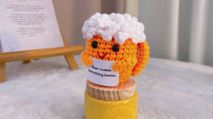 Handmade Crochet Beer in Mug with Wooden Base, Customizable Card Unique Gift for Men, Dad, Husband, Boyfriend, Office, Birthday, Father's Day