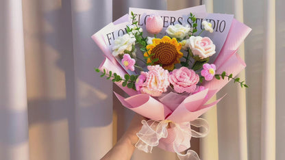 Handmade Crocheted Whispers of Petal Bliss Bouquet of Roses, Tulips, Sunflowers, Daisies & Carnations - Pretty Pinks