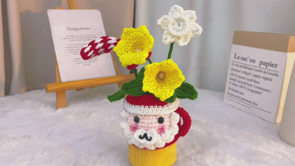 Handmade Crochet Christmas Santa Potted Cup – Knitted Flower Pot Cup with Lily of the Valley – Christmas Gift, Holiday Ornament, Home Decoration, Xmas Table Centerpiece