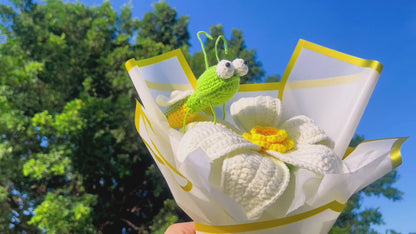 Mazzo a Crochet con Fiore di Loto, Libellule e Rosa Bianca Gigante - Regalo di Principessa Rana per Decorazione di Casa, Matrimoni, Raggio Verde
