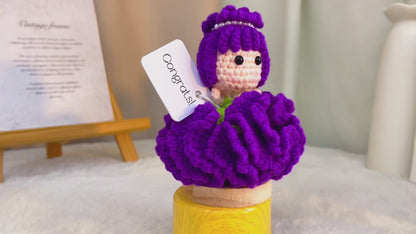 Handmade Crochet Carnation Fairy with Wooden Base and Custom Text |Flower Fairy w/ Custom Card "Congrats!", Gift for Graduation, Birthday, Mother's Day, New Job