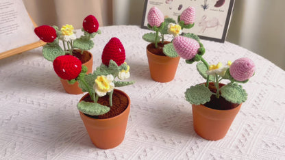 Handmade Strawberry Crochet Pot Plant - Adorabile Decorazione per la Casa - Regalo Perfetto per gli Amanti delle Piante - Pianta Falsa Realistica con una Luce Morbida - Realizzata a Mano