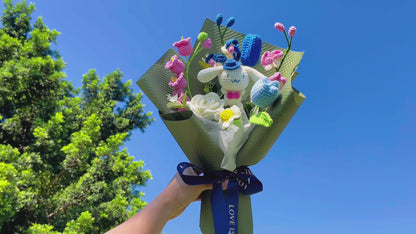 Cute White Puppy Themed Crochet Flower Bouquet - Hypoallergenic Gift for Birthdays, Valentine's Day