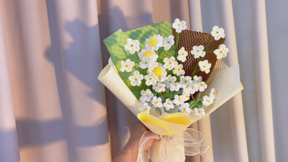 Handmade Forget-Me-Nots Crochet Flower Bouquet - White Daisies Starry Sky Arrangement - Everlasting Flowers for Wedding, Bridal, Anniversary, Home Decor, Gift for Her