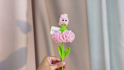 Handmade Crochet Carnation Fairy Single Stem | 4 Colors Pink Purple Yellow Blue | Flower Fairy with Petals as Dress | Up-Fold = Bud, Down-Fold = Bloom | Custom Card "Congrats!" | Single Stem for Vase or Bouquet | Allergy-Friendly