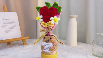 Crochet Rose Daisy Bouquet in Pot with Customizable Message | Handmade Rose Pink Crochet Flower Arrangement with Red Roses, Gift for Birthday, Graduation, Mother's Day, Valentine's, Anniversary