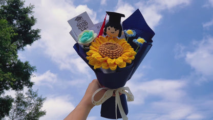 Handmade Crochet Graduation Bouquet Set for Him & Her – 2 Bundles with Large Double-Layer Seeded Sunflower, Graduation Cap Doll Head (Boy & Girl),  for Graduation, Gift, Home Decor, Congratulation, Party Decoration – Eternal Crochet Flower Arrangement