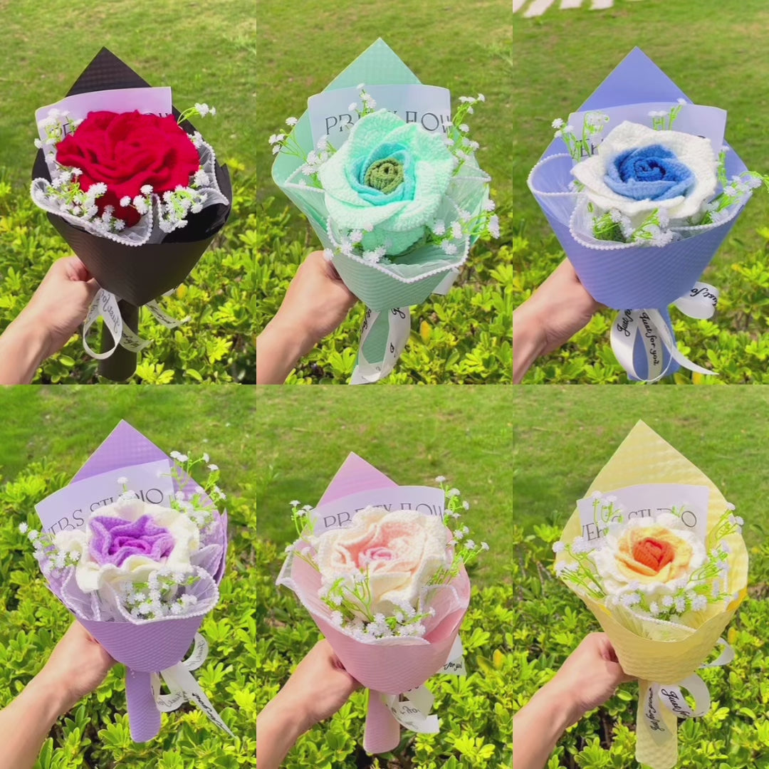 6月誕生花 大輪バラブーケ｜カスミソウ添え｜手編み 手作りかぎ針編み