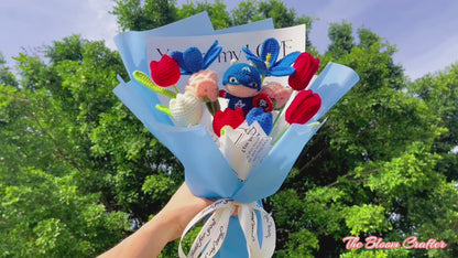 Handmade Crochet Flower Bouquet with Captain Figure - Deep Blue Tulip, Light Pink Rose, Red Long Tulip, White, Red & Deep Blue Fat Tulips - Perfect Allergy-Free Gift for All Occasions