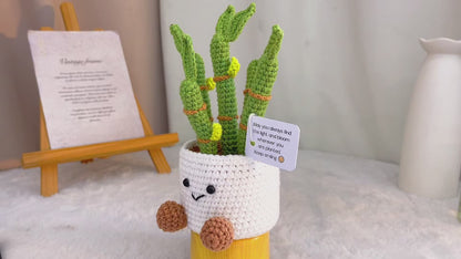 Handmade Crochet Ribbon Plant Plushie with Customized Supportive Message – White Planter with Green Lucky Bamboo, Feng Shui Mini Desk Decoration, Inspirational Card Perfect for Housewarming, Graduation, New Job, Get Well, Birthday