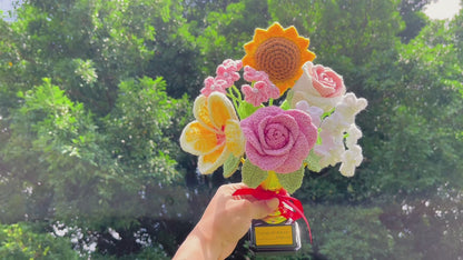 Handmade Crochet Trophy Flower Bouquet – Customizable Name/Text on Trophy Base Label Perfect Gift for Victory, Competition Winner, Graduation, Retirement, Employee of the Month, Father's Day, Mother's Day, or Any Achievement Celebration
