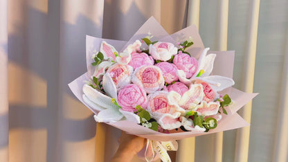 Crochet Pink & White Floral Bouquet - Handmade Hypoallergenic Lily, Rose, Baby's Breath - Allergen-Free Gift for Mother's Day, Wedding, Birthday, Home Decor