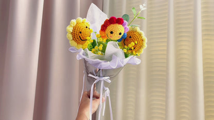 Set di mazzi di girasoli sorridenti a maglia - Girasoli con volto sorridente colorato, finto melodio finto e foglie dorate - Carta regalo a forma specchiata di cono gelato