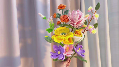 Hand Crochet Ready-to-Vase Floral Bouquet - Hypoallergenic Artificial Protea, Ranunculus, Tulip, Poppy, Rose Arrangement - Spring Home Decor, Wedding Gift, Anniversary, Mother’s Day