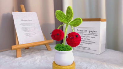 Handmade Crochet Cherry Bomb Planter - Red Explosive Cherry with Green Leaves, Cute Face & Twin Cherries, White Plastic Pot, Hypoallergenic Desk Decor for Gamers, Kids & Unique Gifts