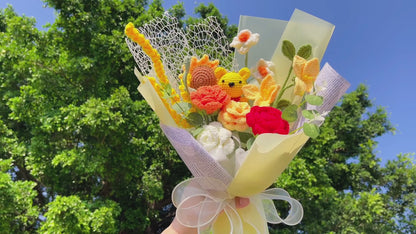 Handmade Crochet Winnie Themed Flower Bouquet - Sunflower, Golden Bell, Barley, Multi-Colored Roses, Daffodils & Money Tree Leaves in White Netting & Bright Yellow Wrap - Perfect Allergy-Friendly Gift for Any Occasion