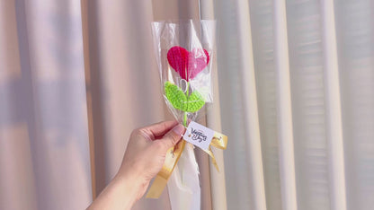 Hand Crochet Single Stem Heart Succulent Flower - with Customizable "Happy Valentine's Day" Card, Custom Message & Colors (Pink, Purple, Yellow) - Hypoallergenic Romantic Gift for Girlfriend, Wife, Her