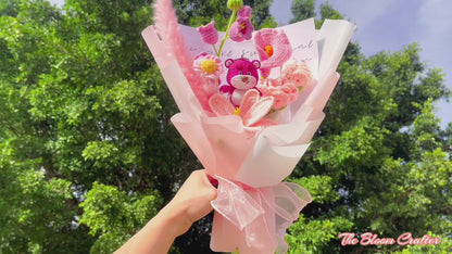Hand-Crocheted Bear Theme Strawberry Flower Bouquet - Pink Roses, Lily of the Valley, Calla Lilies, Tulips, Daisy, Pink Feathers & Wrapping Paper - Perfect Allergy-Friendly Gift for Birthdays, Anniversaries, and Special Occasions