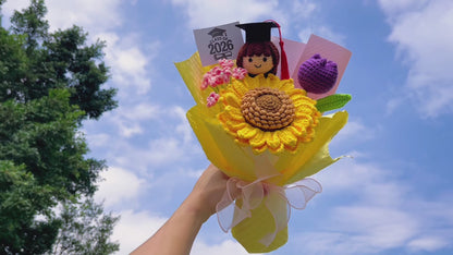 Handmade Crochet Graduation Bouquet Set for Him & Her – 2 Bundles with Large Double-Layer Seeded Sunflower, Graduation Cap Doll Head (Boy & Girl),  for Graduation, Gift, Home Decor, Congratulation, Party Decoration – Eternal Crochet Flower Arrangement