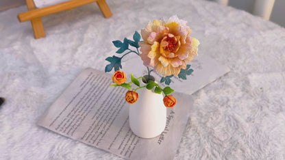 [Limited] Handmade Micro Crochet Yellow Rose Arrangement in Vase, Miniature Flowers, One-of-a-Kind Textile Artificial Art Yarn Plants for Home Office Table Decor, Allergy-Free Gift for Her Mom Wife, Valentine's Day Birthday Anniversary Mother's Day