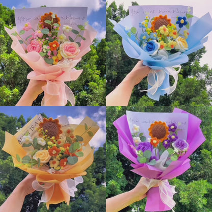 Arrangiamento di bouquet di girasoli a crochet fatto a mano con rose, crema e foglie di denaro con soffio di bambino – Regalo perfetto adatto alle persone con allergie per compleanni, anniversari e auguri di guarigione – Disponibile con imballaggio rosa, 