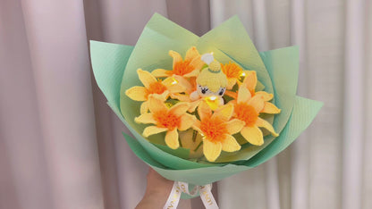 Enchanting Fairy Crochet Bouquet - Yellow Daffodil Flower with Green and Tiffany Blue Wrap Neverland Ballet Dance Performance Theatre Lovers Graduation Birthday Promotion Gift