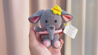 Handmade Crochet Elephant Keychain - Pink Dress & Yellow Flower Elephant with Customizable Message Card, Hypoallergenic Cute Gift for Kids, Elephant Lovers & Joyful Celebrations