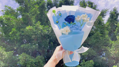 Hanaya Series Handmade Crochet Blue Rose with Lily of the Valley Bouquet - Hypoallergenic Everlasting Floral Arrangement for Birthday Graduation