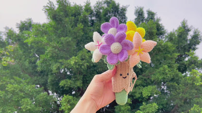 Crochet Colorful Uplifting Handheld Bouquet, Compatible with Our Flowers - Handmade Allergy-Friendly Happy Floral Arrangement - White, Yellow & Pink Flowers - Ideal for Birthdays, Jelly Theme Weddings & Special Events