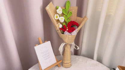 Handmade Crocheted Enchanted Garden Symphony Bouquet with Lily of the Valley, Green Leaf, Rose, and Tulip
