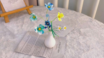 [Limited] Handmade Micro-Crochet Wildflower Series with Small Vase, Miniature Blue Green Yellow Flowers, One-of-a-Kind Textile Art, Home Office Table Decor