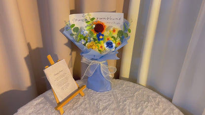 Handmade Crocheted Luminous Joy Bouquet - Roses, Sunflowers, and Puffs Bouquet